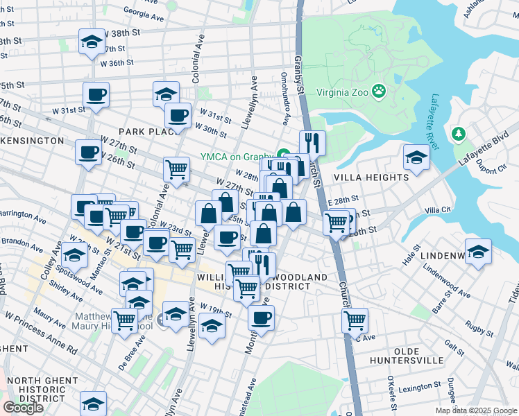 map of restaurants, bars, coffee shops, grocery stores, and more near 110 West 26th Street in Norfolk