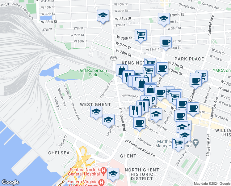 map of restaurants, bars, coffee shops, grocery stores, and more near 1011 Woodrow Avenue in Norfolk