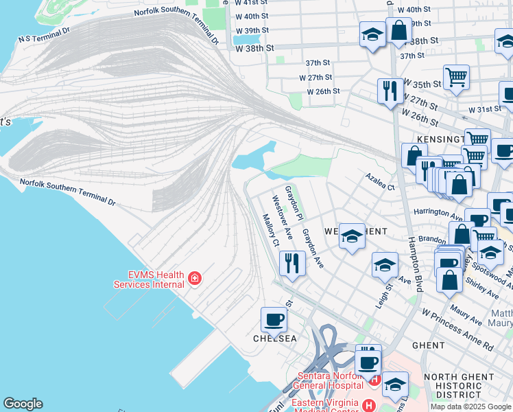 map of restaurants, bars, coffee shops, grocery stores, and more near 2200 Redgate Avenue in Norfolk