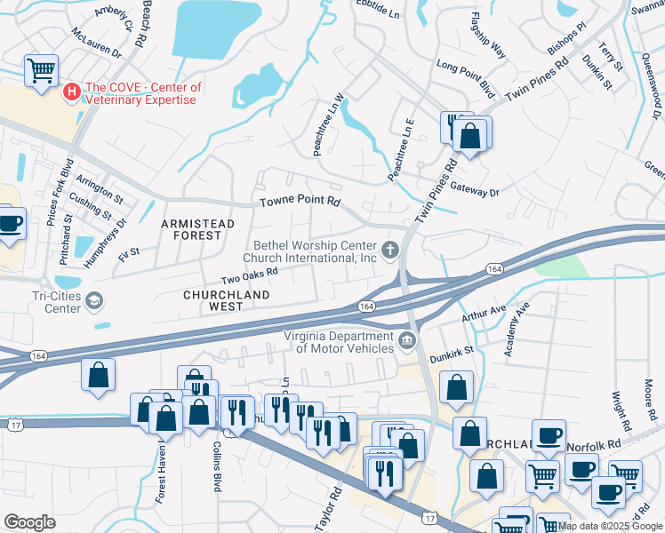 map of restaurants, bars, coffee shops, grocery stores, and more near 3725 Pinebark Road in Portsmouth