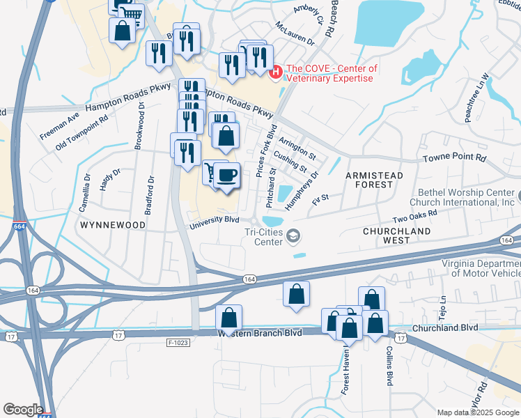 map of restaurants, bars, coffee shops, grocery stores, and more near 3200 Prices Fork Boulevard in Suffolk
