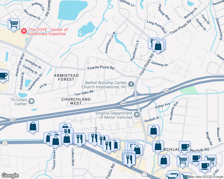 map of restaurants, bars, coffee shops, grocery stores, and more near 3725 Pinebark Road in Portsmouth