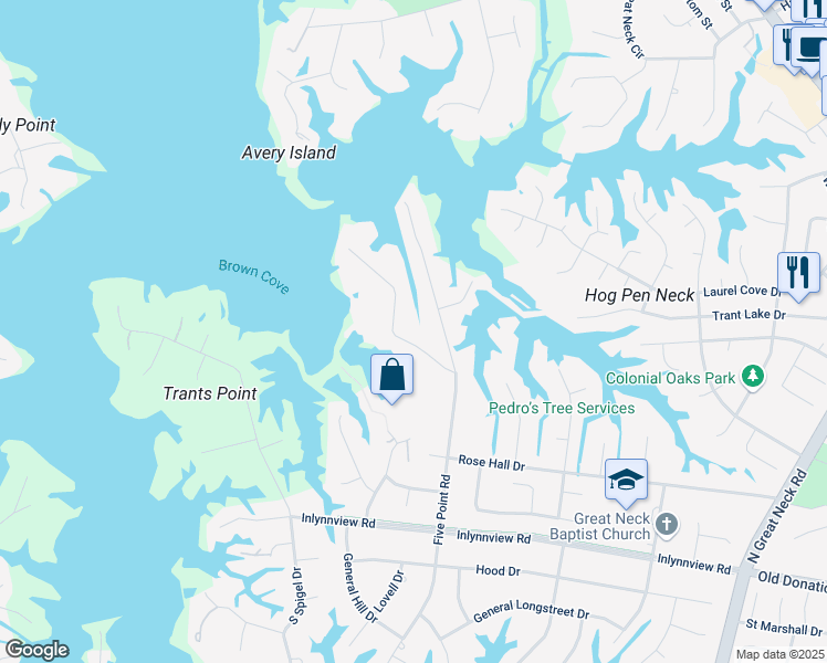 map of restaurants, bars, coffee shops, grocery stores, and more near 1296 Holly Point Road in Virginia Beach