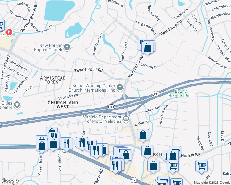 map of restaurants, bars, coffee shops, grocery stores, and more near 3721 Towne Point Road in Portsmouth