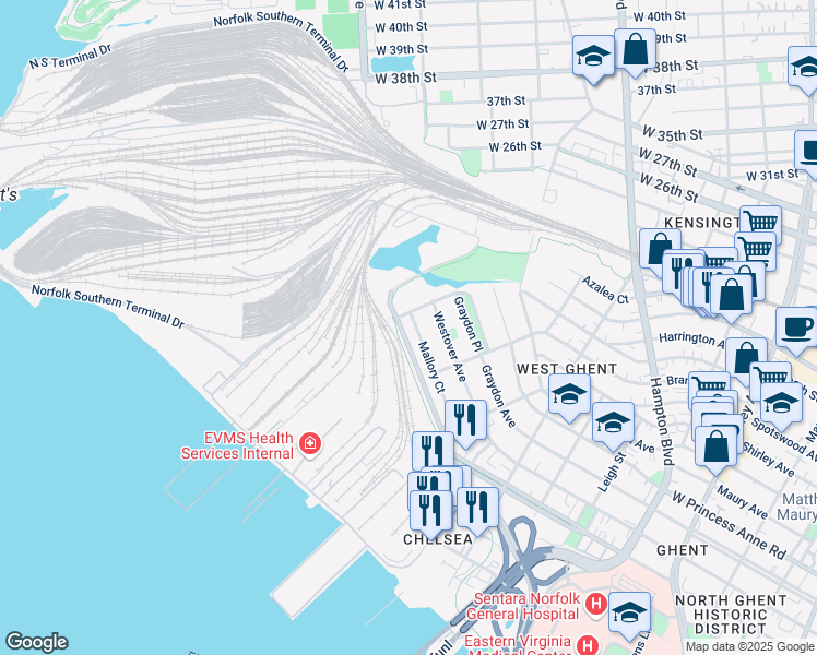 map of restaurants, bars, coffee shops, grocery stores, and more near 2200 Redgate Avenue in Norfolk