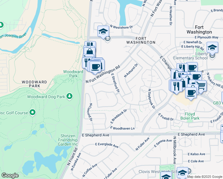 map of restaurants, bars, coffee shops, grocery stores, and more near 468 East Walnut Hill Avenue in Fresno