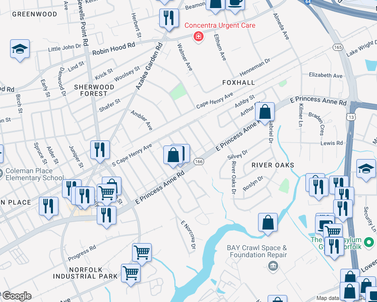 map of restaurants, bars, coffee shops, grocery stores, and more near 1521 McNeal Avenue in Norfolk