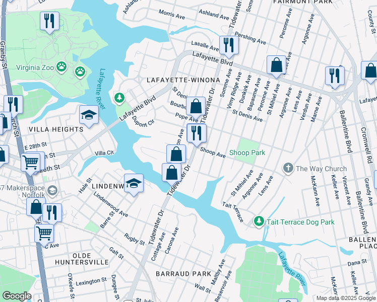 map of restaurants, bars, coffee shops, grocery stores, and more near 2719 Tidewater Drive in Norfolk