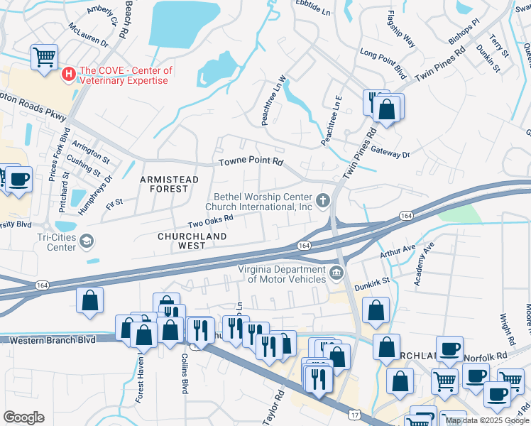 map of restaurants, bars, coffee shops, grocery stores, and more near 3725 Pinebark Road in Portsmouth