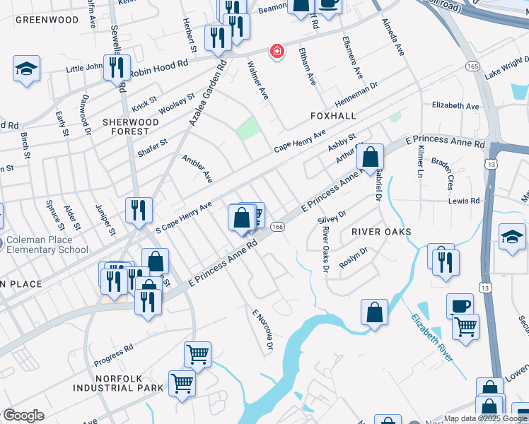 map of restaurants, bars, coffee shops, grocery stores, and more near 1521 McNeal Avenue in Norfolk