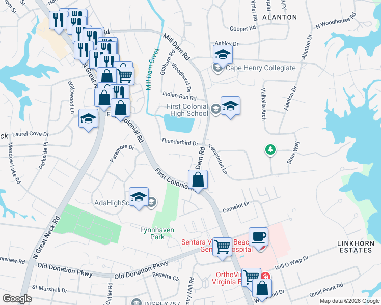 map of restaurants, bars, coffee shops, grocery stores, and more near 1232 Barn Brook Road in Virginia Beach