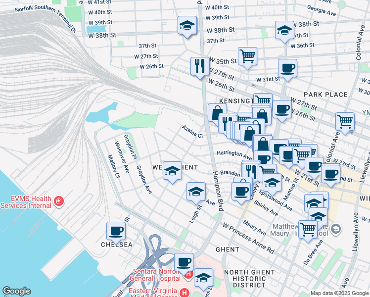 map of restaurants, bars, coffee shops, grocery stores, and more near 1901 Claremont Avenue in Norfolk