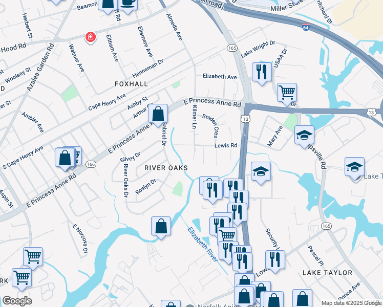 map of restaurants, bars, coffee shops, grocery stores, and more near 1365 Kilmer Court in Norfolk