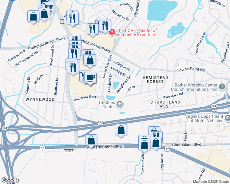 map of restaurants, bars, coffee shops, grocery stores, and more near 2185 Humphreys Drive in Suffolk