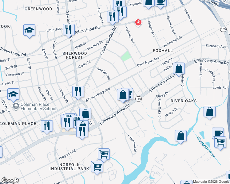 map of restaurants, bars, coffee shops, grocery stores, and more near 1555 Halstead Ave in Norfolk