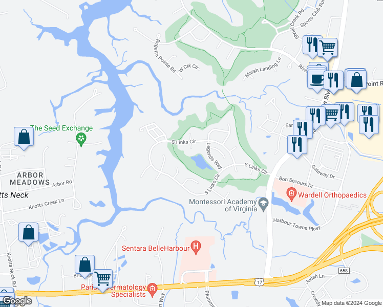 map of restaurants, bars, coffee shops, grocery stores, and more near 5306 South Bay Hill Court in Suffolk