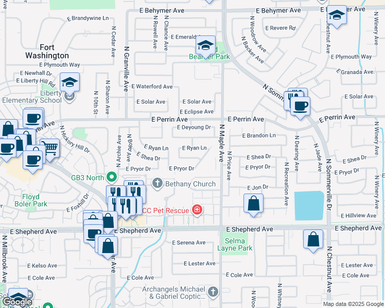 map of restaurants, bars, coffee shops, grocery stores, and more near 1826 East Shea Drive in Fresno