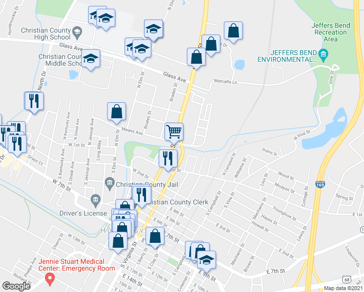 map of restaurants, bars, coffee shops, grocery stores, and more near 148 North Virginia Street in Hopkinsville