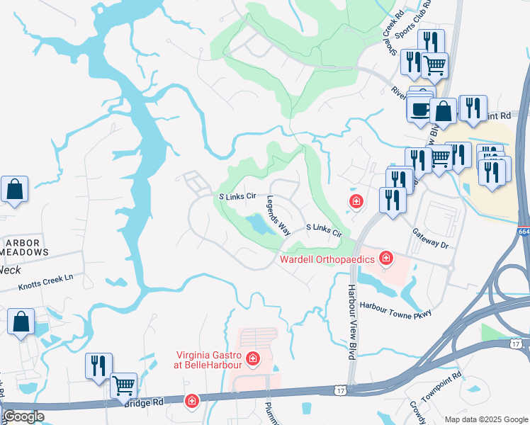 map of restaurants, bars, coffee shops, grocery stores, and more near 1027 Legends Way in Suffolk