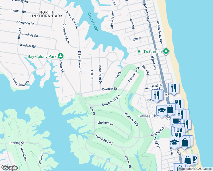 map of restaurants, bars, coffee shops, grocery stores, and more near 536 Cavalier Drive in Virginia Beach