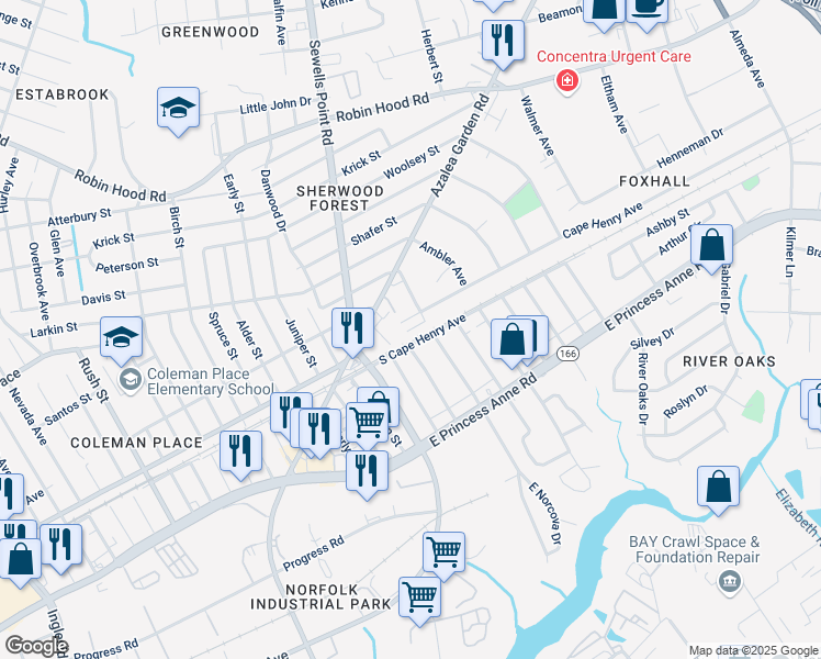 map of restaurants, bars, coffee shops, grocery stores, and more near 2307 Norcova Avenue in Norfolk