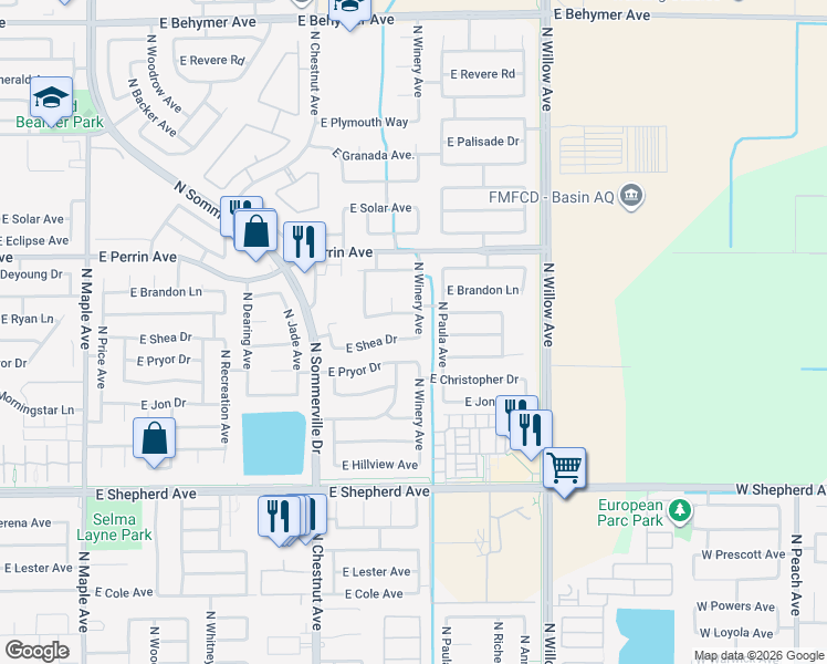 map of restaurants, bars, coffee shops, grocery stores, and more near 9322 North Winery Avenue in Fresno