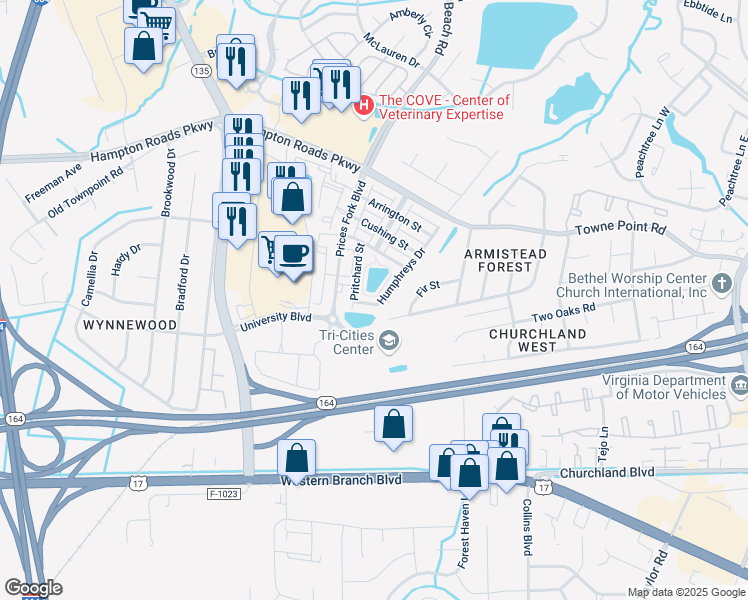 map of restaurants, bars, coffee shops, grocery stores, and more near 2185 Humphreys Drive in Suffolk