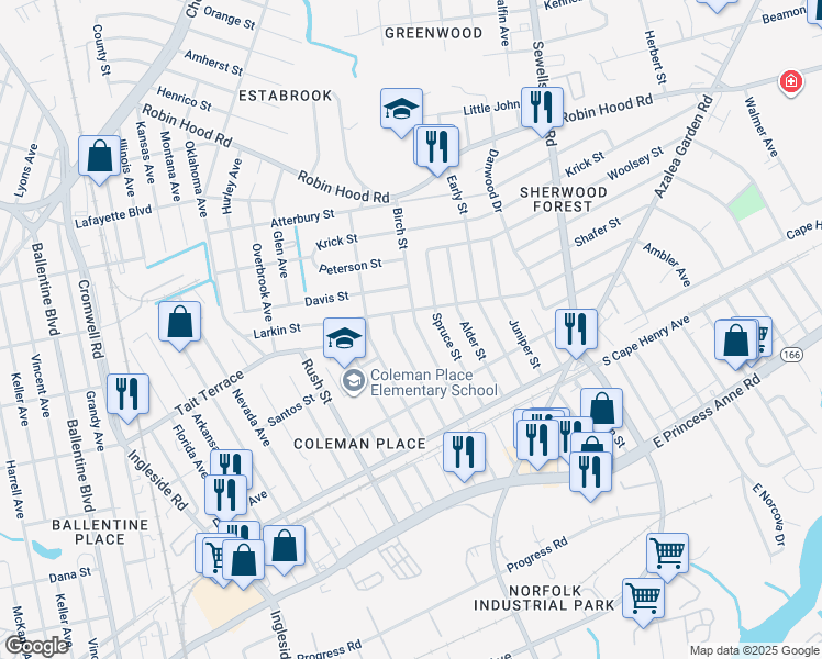map of restaurants, bars, coffee shops, grocery stores, and more near 2457 Birch Street in Norfolk
