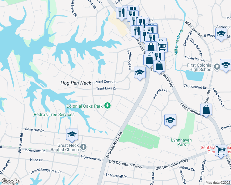 map of restaurants, bars, coffee shops, grocery stores, and more near 2244 Tanglewood Trail in Virginia Beach