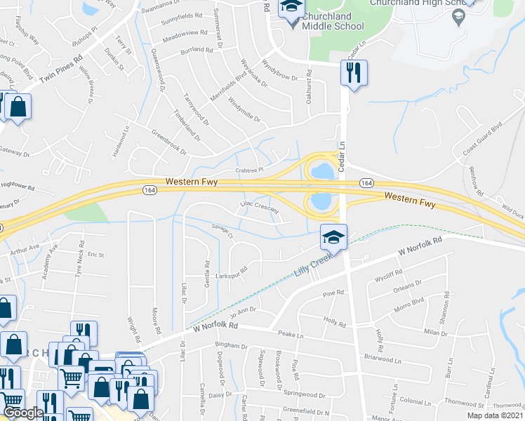 map of restaurants, bars, coffee shops, grocery stores, and more near 5429 Lilac Crescent in Portsmouth