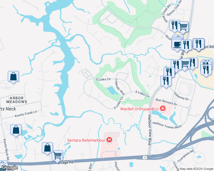 map of restaurants, bars, coffee shops, grocery stores, and more near 5306 South Bay Hill Court in Suffolk