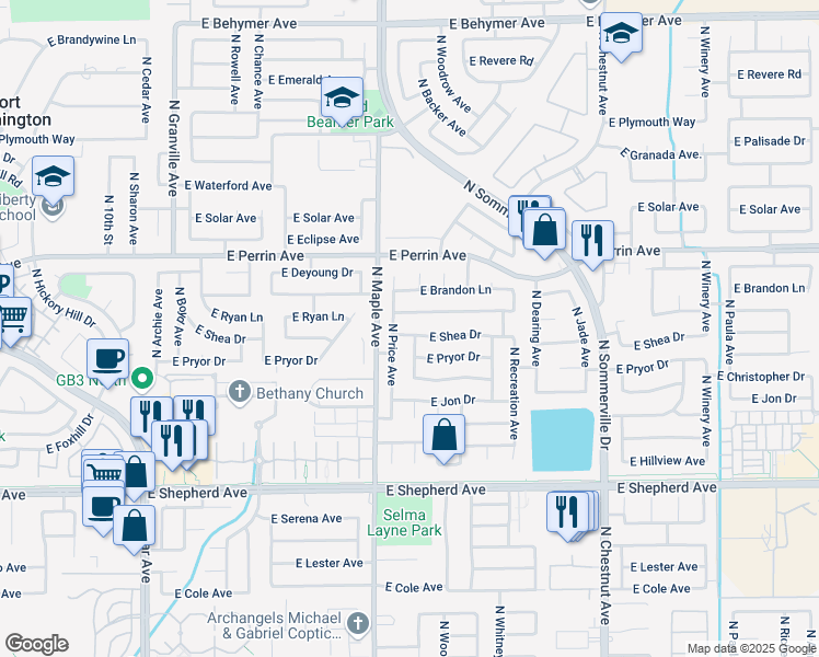 map of restaurants, bars, coffee shops, grocery stores, and more near 2068 East Shea Drive in Fresno