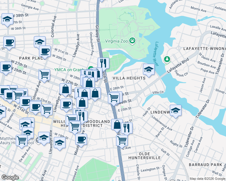 map of restaurants, bars, coffee shops, grocery stores, and more near 721 East 28th Street in Norfolk