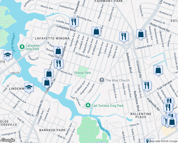map of restaurants, bars, coffee shops, grocery stores, and more near 2830 Saint Mihiel Avenue in Norfolk