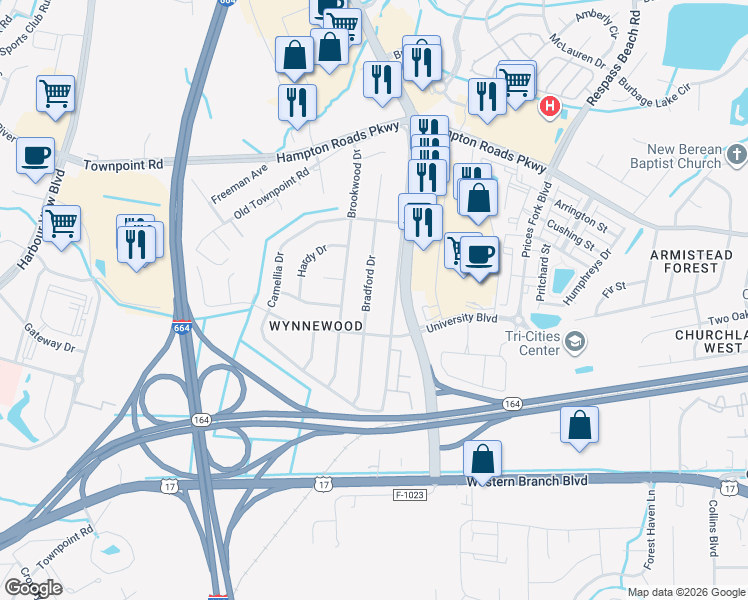 map of restaurants, bars, coffee shops, grocery stores, and more near 6016 Bradford Dr in Suffolk