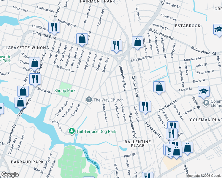 map of restaurants, bars, coffee shops, grocery stores, and more near 2808 Keller Avenue in Norfolk