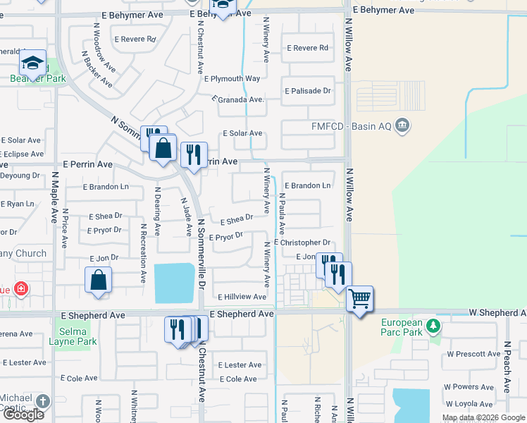 map of restaurants, bars, coffee shops, grocery stores, and more near 9322 North Winery Avenue in Fresno
