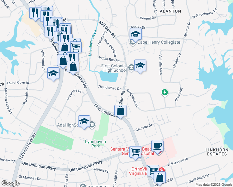 map of restaurants, bars, coffee shops, grocery stores, and more near 1232 Barn Brook Road in Virginia Beach