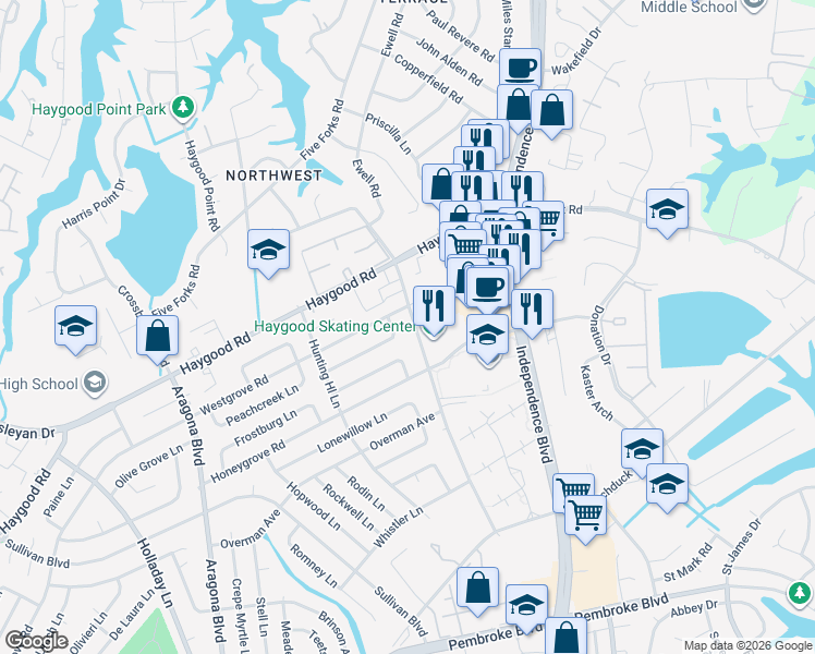 map of restaurants, bars, coffee shops, grocery stores, and more near 4709 Deerfield Lane in Virginia Beach