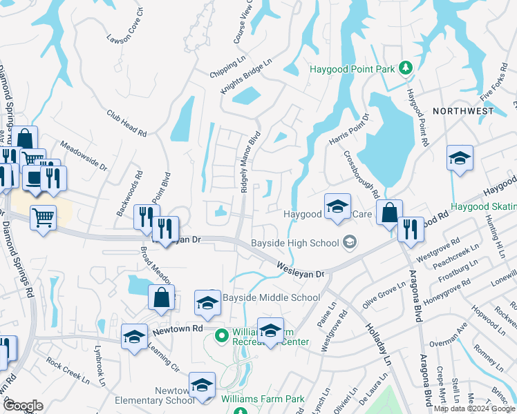 map of restaurants, bars, coffee shops, grocery stores, and more near 5204 Fulwood Court in Virginia Beach