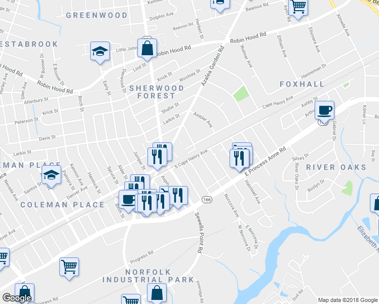 map of restaurants, bars, coffee shops, grocery stores, and more near 2307 Norcova Avenue in Norfolk