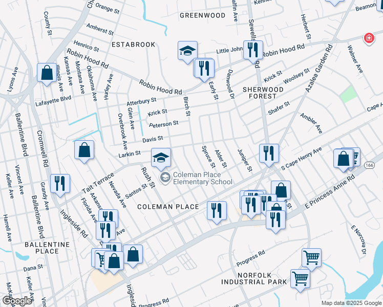 map of restaurants, bars, coffee shops, grocery stores, and more near 2457 Birch Street in Norfolk