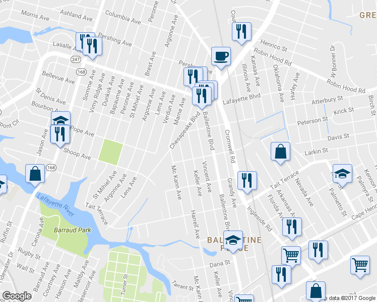 map of restaurants, bars, coffee shops, grocery stores, and more near 2808 Keller Avenue in Norfolk