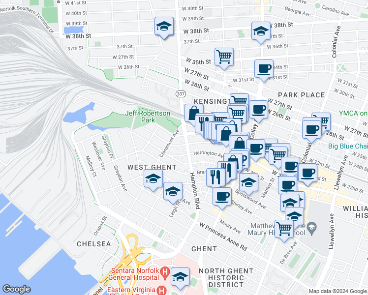 map of restaurants, bars, coffee shops, grocery stores, and more near 1011 Woodrow Avenue in Norfolk