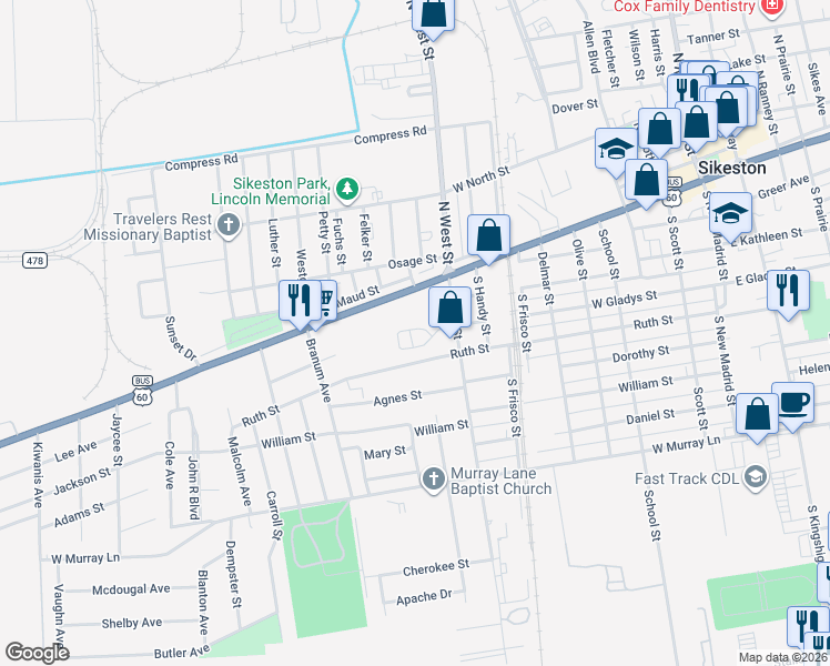 map of restaurants, bars, coffee shops, grocery stores, and more near 803 West Gladys Street in Sikeston
