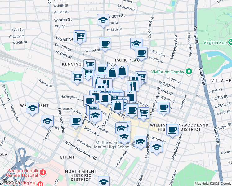 map of restaurants, bars, coffee shops, grocery stores, and more near 601 West 24th Street in Norfolk