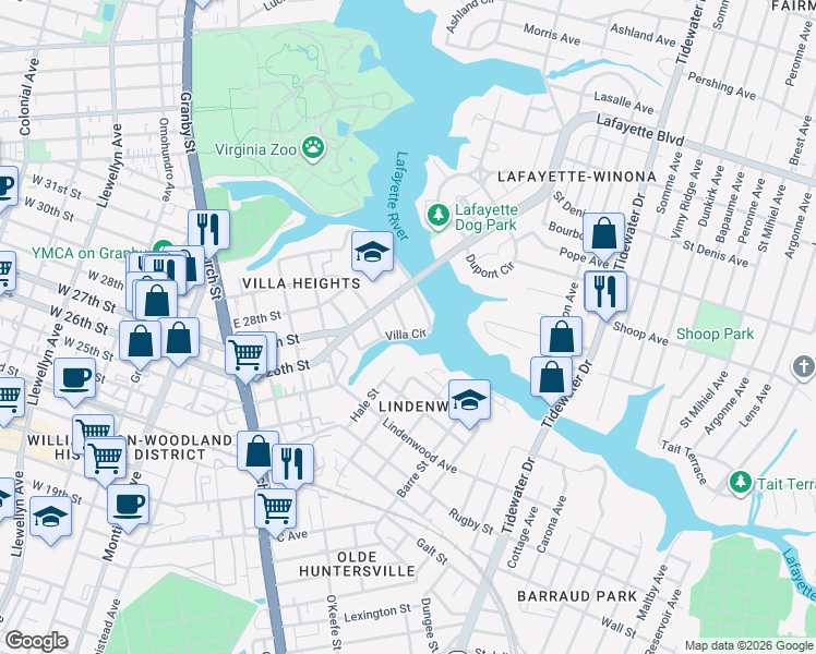 map of restaurants, bars, coffee shops, grocery stores, and more near 2500 Druid Circle in Norfolk