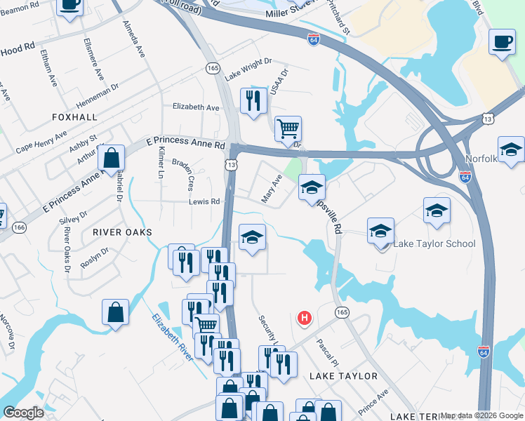 map of restaurants, bars, coffee shops, grocery stores, and more near 5723 Cornick Rd in Norfolk