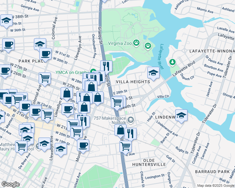 map of restaurants, bars, coffee shops, grocery stores, and more near 717 East 28th Street in Norfolk