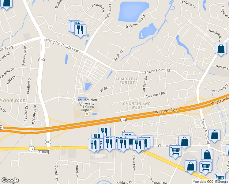 map of restaurants, bars, coffee shops, grocery stores, and more near 3817 Yaupon Street in Portsmouth